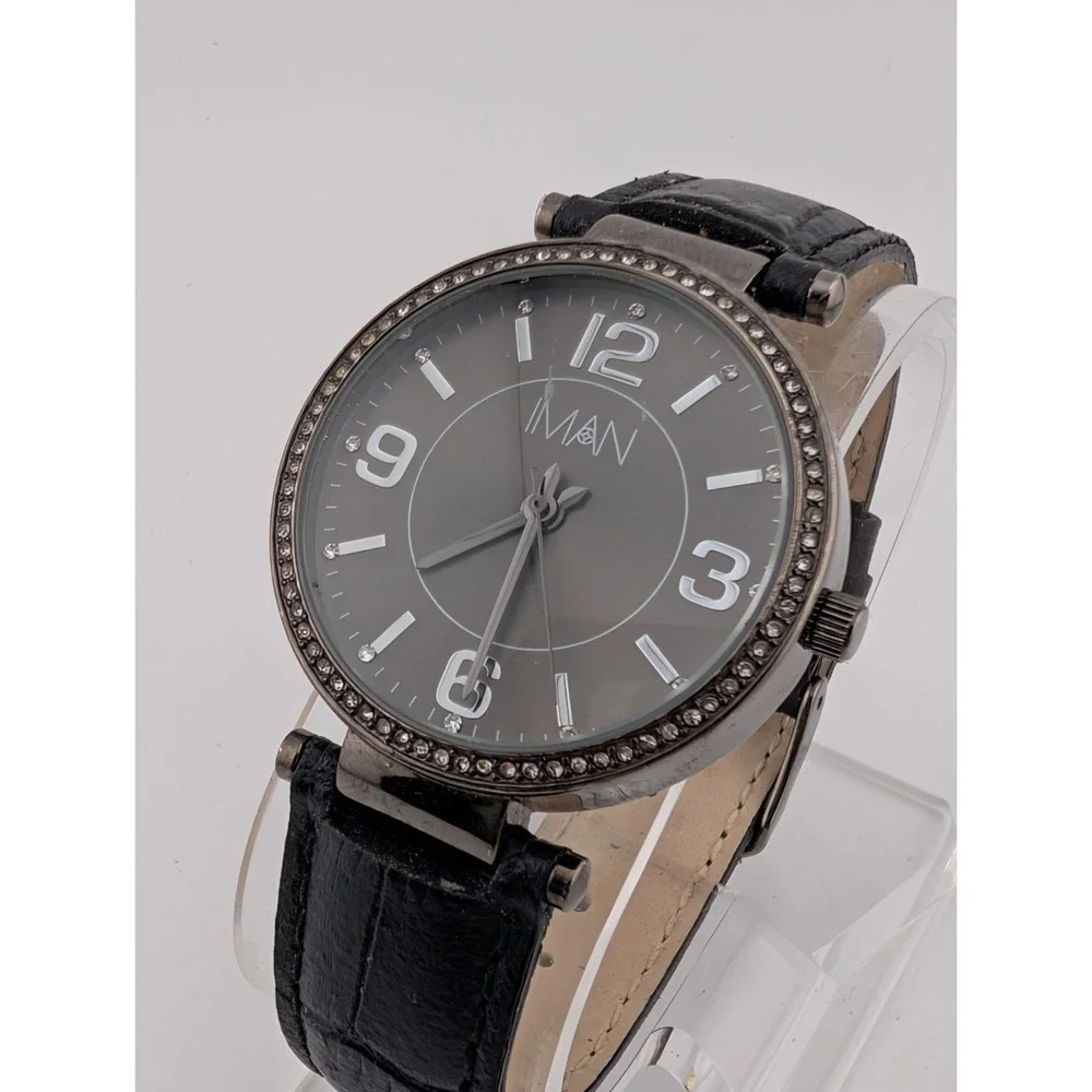 IMAN Women's Watch 36mm Case Crystal Bezel Black Leather Band- New Battery